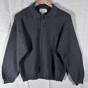 Eddie Bauer Mens Medium Charcoal Gray 100% Cotton Long Sleeve Polo Sweater Knit